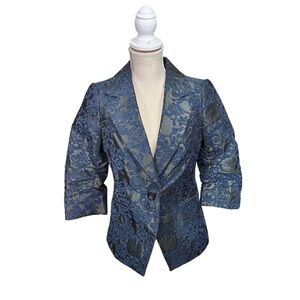 The Limited Women Blue Floral Brocade 1 Button Blazer Sz Sm 3/4 Sleeve Career